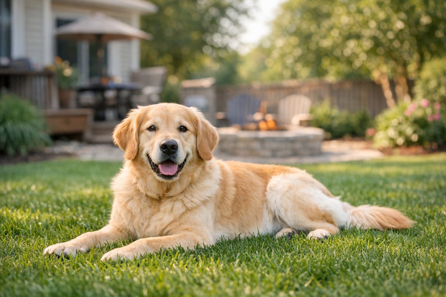 Clean residential lawn with a dog